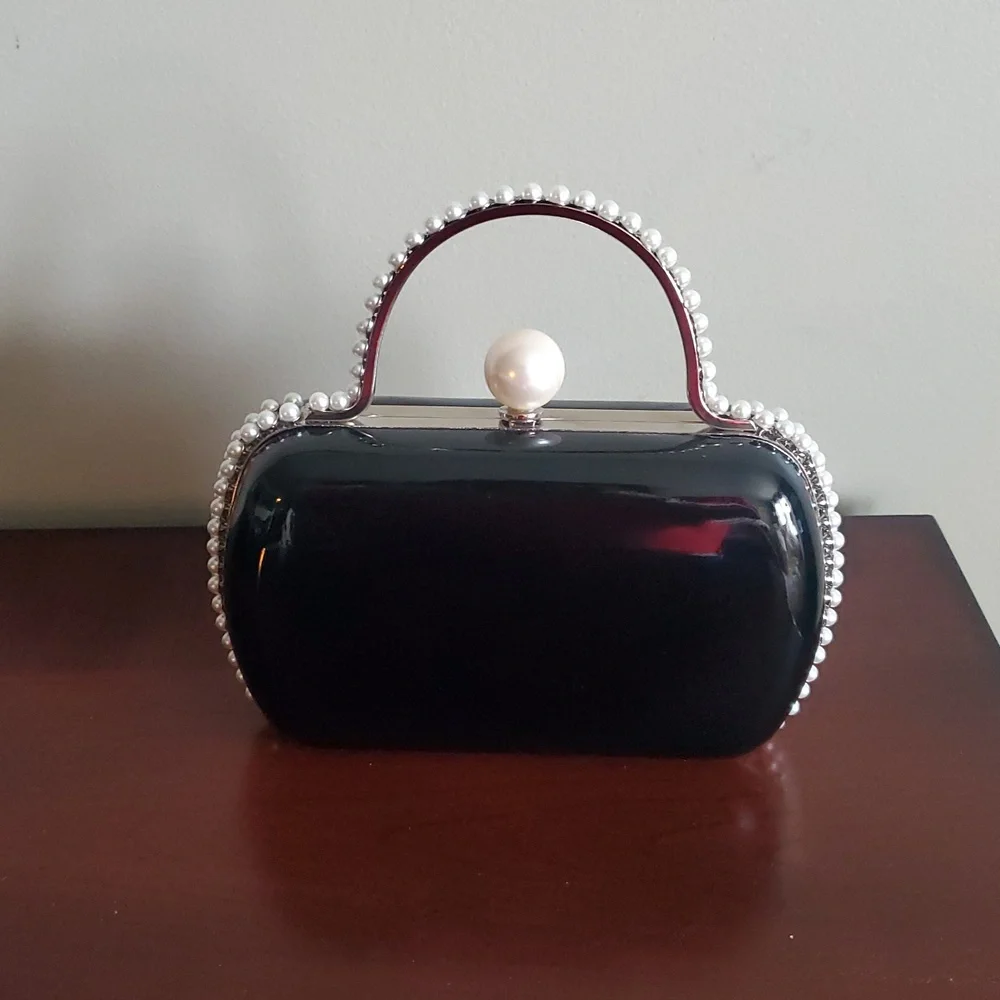 AQUA Black Patent Faux Pearl Box Clutch Purse
